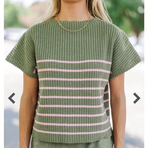 Entro Green and Pink Ribbed Cap Sleeve Blouse